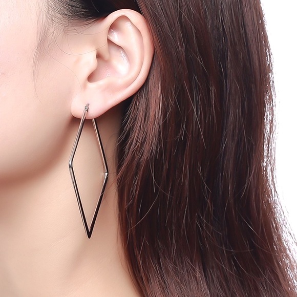 Silver Rhombus Clasp Back Hoop Earrings - Picture 3 of 7